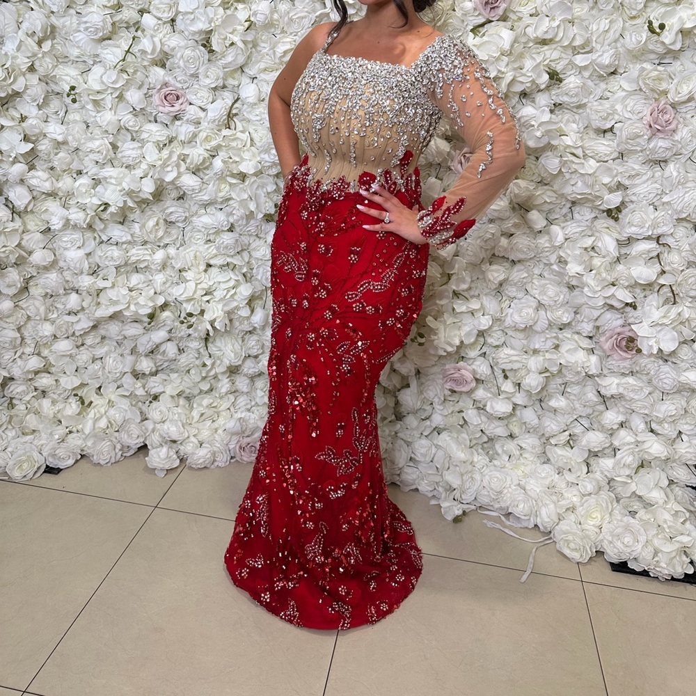 Embellished Red Evening Gown with Sheer Crystal Bodice